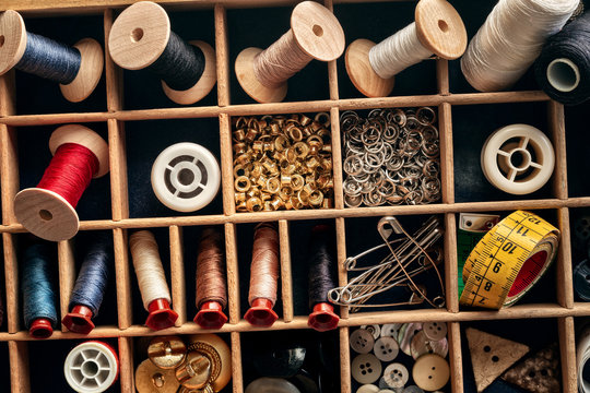 Sewing Supplies in a Printers Tray