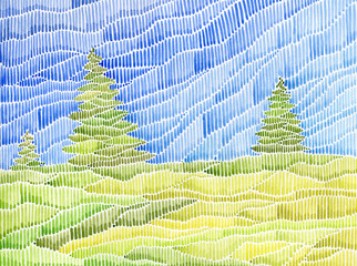 Watercolor landscape with conifer trees
