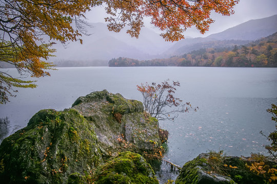 Аutumn rainy landscape overlooking Lake Yuno