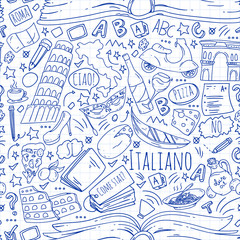 Italian language learning. Vector pattern with icons and national symbols of Italy.