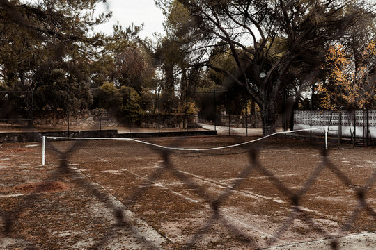 Abandoned sports ground in autumn town