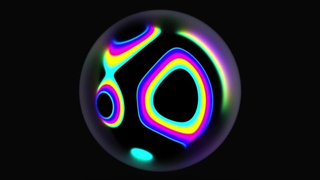 3d render of animated video with abstract art surreal 3d glass ball with organic curve wavy object inside with deformed neon glowing plasma parallel lines on surface on black background