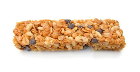 One chocolate chip with peanuts protein bars isolated on a white background.