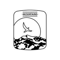 squared insignia with mountains and sun design, silhouette style