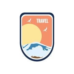 travel insignia badge with snow mountain, sun and birds flying, flat style