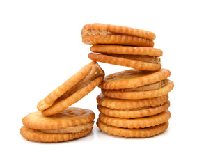 Stack of peanut butter cookies on white background