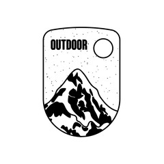 icon of shield with snowy mountains and sun, silhouette style