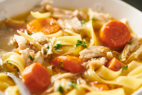 Closeup of FODMAP Chicken Noodle Soup