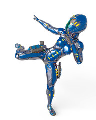 astronaut girl on sci-fi suit is doing a left kick
