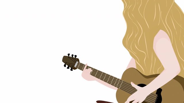 4k cartoon of girl with blond hair singing and playing guitar.