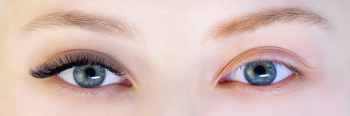 Eyelash extensions. Closeup of eyes with extended eyelashes and without extended eyelashes, white...