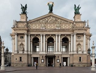 Fototapeta na wymiar The Solomiya Krushelnytska Lviv State Academic Theater of Opera and Ballet or Lviv Opera as seen from Svobody Avenue in Lviv Ukraine