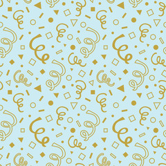 Golden cartoon hand drawn curls and geometrical shapes seamless pattern on blue background design element