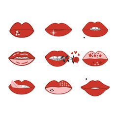Sexy and cute romantic red and pink women lips icons set and design element on white background