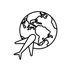 earth planet and airplane icon, line style
