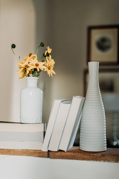 Porcelain bottle used as book end on bricklaying shelf in apartment