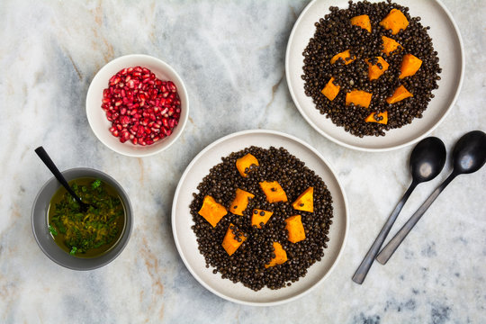 Sweet potato, lentil and pomegranate seeds salad