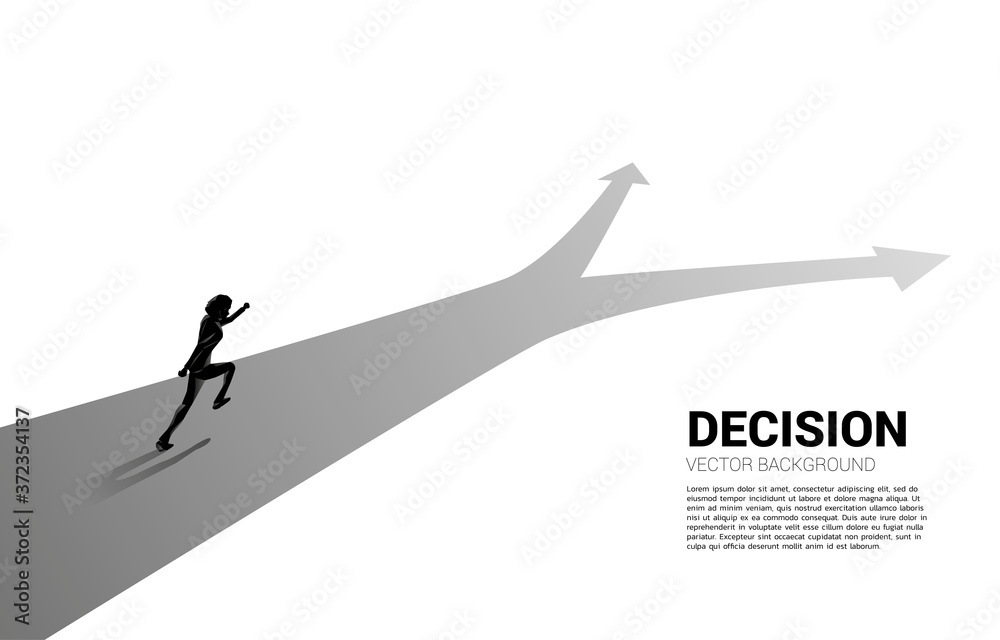 Poster silhouette of businessman running at crossroad. concept of time to make decision in business directi