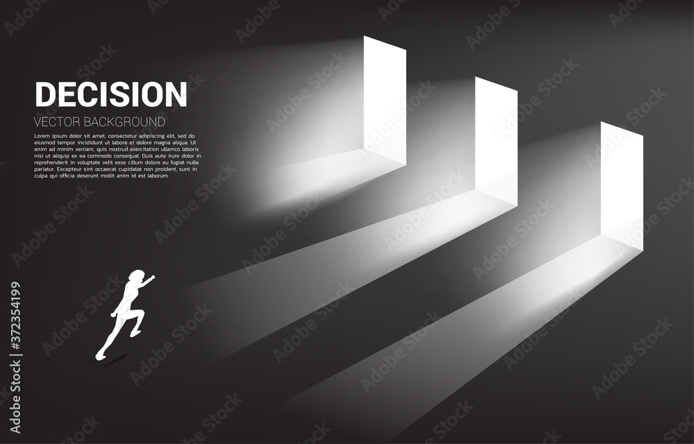 Poster time to make decision in business direction. silhouette of businessman running to select door to ent