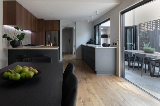 Modern kitchen interior with timber veneer