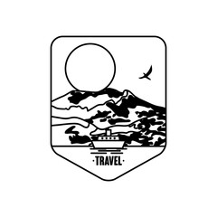travel shield badge with mountains and sun, silhouette style
