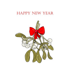 new year mistletoe with bow. Traditional symbol of Christmas. Hand drawing, isolated.