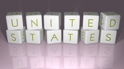 alphabetic United States arranged by cubic letters on a mirror floor, concept meaning and presentation in 3D perspective for america and illustration