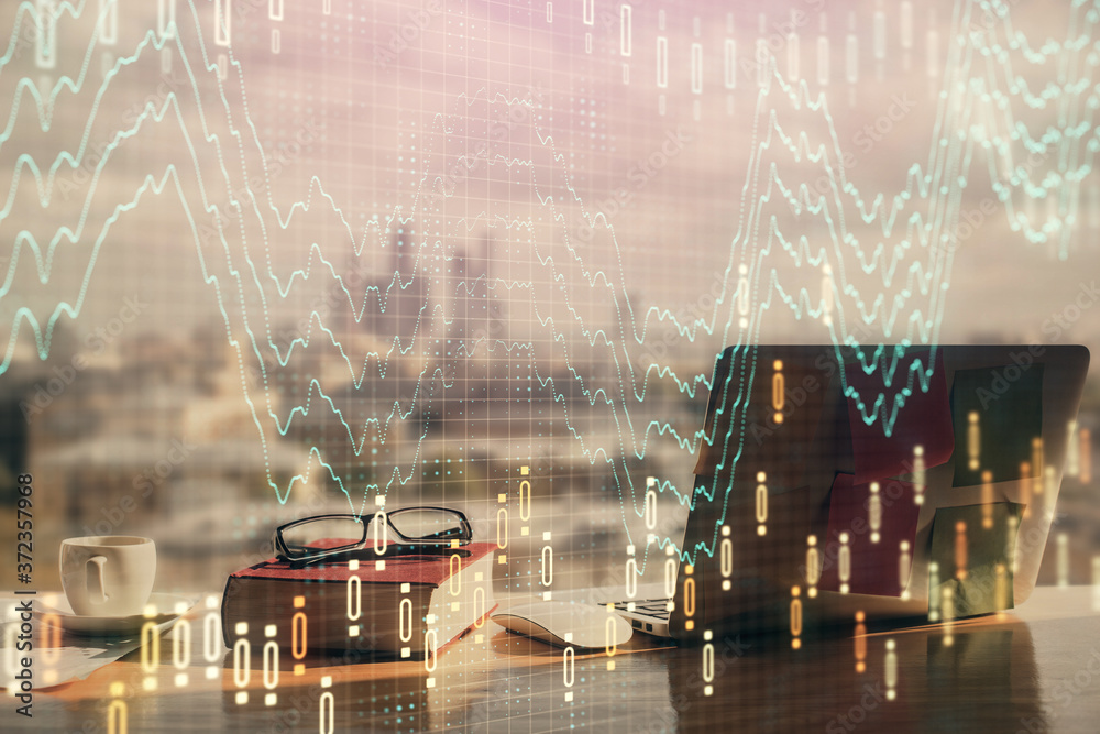 Aufkleber Double exposure of financial chart drawings and desk with open notebook background. Concept of forex market
