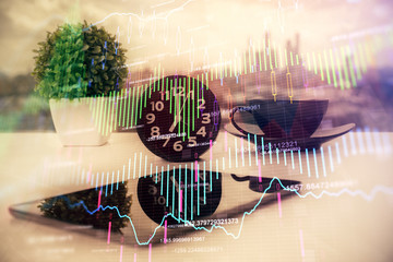 Double exposure of forex graph drawing and cell phone background. Concept of financial data analysis