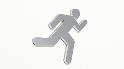 man running on the wall. 3D illustration of metallic sculpture over a white background with mild texture for active and athlete