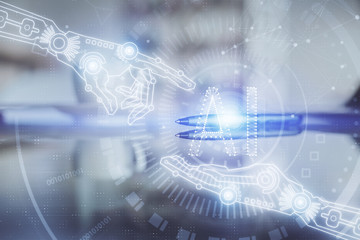 Double exposure of Ai data theme drawing over coffee cup background in office.