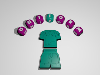 uniform icon surrounded by the text of individual letters, 3D illustration for background and white
