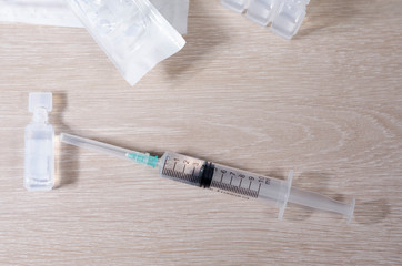 Injection of vaccines and syringes. It is used for the prevention, immunization and treatment of coronavirus infection, doctor uses syringe (new coronavirus disease 2019, COVID-19, Wuhan nCoV 2019). 