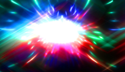 Pretty background of crossing beams of light and glowing particles. Wallpaper of vibrant colorful lights. Shinny light display..