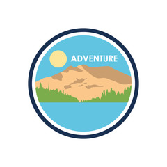 Fototapeta premium round insignia badge with dry mountain and sun, flat style