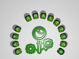 data analytics icon surrounded by the text of individual letters, 3D illustration for business and concept
