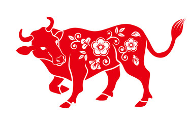 Floral patterned OX looking back - Year of the ox, Chinese zodiac sign clip art