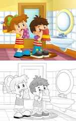 Cartoon sketch kids in the bathroom - boy and girl washing up face