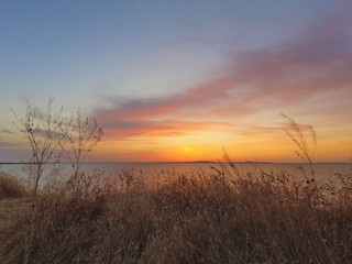 Fototapeta premium View of the Kiziltash estuary at sunset. Krasnodar territory, Russia