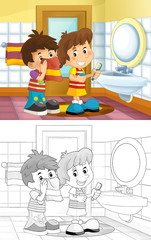 Cartoon sketch kids in the bathroom - boy and girl washing up face