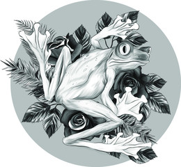 frog sitting on palm leaves and roses black and white sketch vector illustration