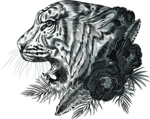 head tiger profile monochrome black and white realism vector