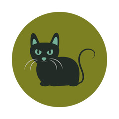 black cat with eyes and ears green animal cartoon flat and block icon