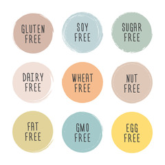 Fototapeta na wymiar Hand drawn food dietary label set. Natural pastel color on grunge circle background.