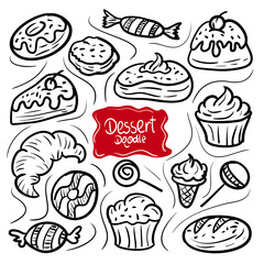 Desserts and sweets hand drawn doodle icons on the chalkboard background. Pastry and bakery products.
