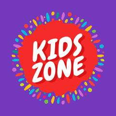 Kids zone banner with phrase on the background of colored heels of paints. Vector flat illustration.