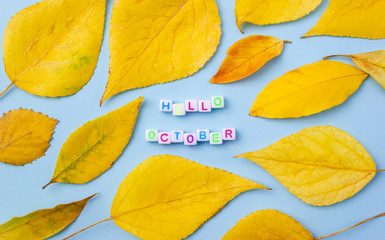 Fototapeta na wymiar Words Hello October. Plastic cubes with color letters on light blue background decorated with yellow leaves. Аutumn concept. Top view, flat lay