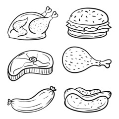 Doodle Meat food vector illustration, simple and trendy hand drawn style
