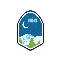 shield badge with night snowy mountains landscape, flat style