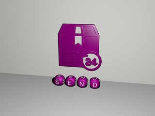 send 3D icon on the wall and text of cubic alphabets on the floor, 3D illustration for business and message